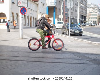 Bratislava, Slovakia - 7 October 2019: A Man On A Bicycle