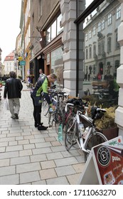 Bratislava, Slovakia - April, 2011: Bicycle Parking Near Restaurant On Panska Street.