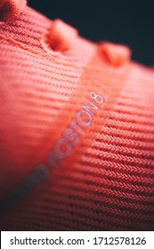 BRATISLAVA, SLOVAKIA - APRIL, 23, 2020: Adidas Adizero Boston 8 Running Shoes, Version 2020, Orange Signal Coral Color, Detail Photo, Lightstrike Foam And Adidas Ultra Boost. Continental Sole.