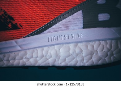 BRATISLAVA, SLOVAKIA - APRIL, 23, 2020: Adidas Adizero Boston 8 Running Shoes, Version 2020, Orange Signal Coral Color, Detail Photo, Lightstrike Foam And Adidas Ultra Boost. Continental Sole.