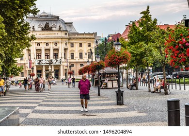 BRATISLAVA, SLOVAKIA - AUGUST 26, 2019:  Tourists Visiting Hviezdoslavovo Namestie In  Bratislava, Capital Of Slovakia