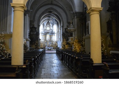 Bratislava, Slovakia. Beautifully Decorated Church Interior With Christmas Lights