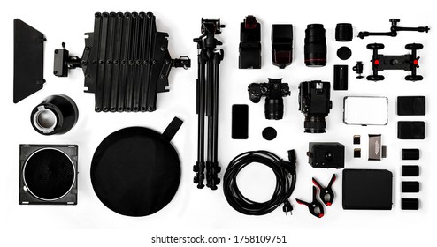 BRATISLAVA, SLOVAKIA - FEBRUARY 18, 2019: Professional Photography Accessories On White Background From Above. Knolling.