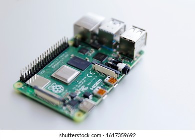 Bratislava, Slovakia - January, 2020: A Raspberry Pi 4 Board, Isolated On Silver Background. The Raspberry Pi Is A Series Of Single-board Computers Developed By The Raspberry Pi Foundation.