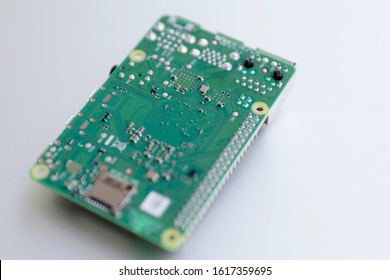 Bratislava, Slovakia - January, 2020: A Raspberry Pi 4 Board, Isolated On Silver Background. The Raspberry Pi Is A Series Of Single-board Computers Developed By The Raspberry Pi Foundation.