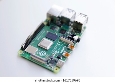 Bratislava, Slovakia - January, 2020: A Raspberry Pi 4 Board, Isolated On Silver Background. The Raspberry Pi Is A Series Of Single-board Computers Developed By The Raspberry Pi Foundation.