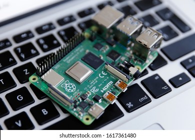 Bratislava, Slovakia - January 2020: A Raspberry Pi 4 Board, Isolated On Computer Keyboard. The Raspberry Pi Is A Series Of Single-board Computers Developed By The Raspberry Pi Foundation.