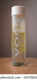 Bratislava, Slovakia - Jul 21, 2019: Voss Cooled Norway Water Bottle With A Flavor Of The Lemon And Cucumber On The Table 