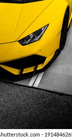 Bratislava, Slovakia, JUN 15,2020 : Lamborghini Huracán, Yellow Italian Lambo Head Lights Detail 