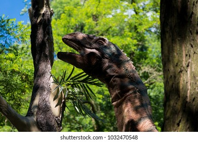 Bratislava / Slovakia - June 11, 2017: Dinopark In Bratislava Zoo; Giant Sauropod Head Close-up 