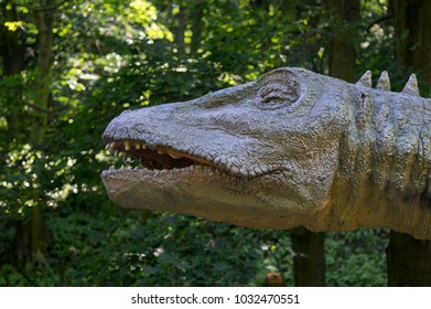 Bratislava / Slovakia - June 11, 2017: Dinopark In Bratislava Zoo; Giant Sauropod Head Close-up 