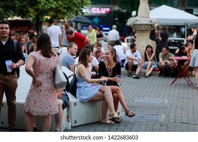 Bratislava, Slovakia - June, 11, 2019: People On Street Food Festival In Bratislava. Young People Enjoying Summer Event Outside. 