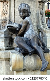 BRATISLAVA, SLOVAKIA - JUNE 2021: Ganymede Fountain - Child Holding Fish. 