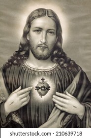 BRATISLAVA, SLOVAKIA - JUNE 6, 2007: Copy Of Typical Catholic Image Of Heart Of Jesus Christ From Slovakia Printed On 19. Originally By Unknown Artist. 