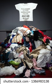 BRATISLAVA, SLOVAKIA - MAY 1, 2019: Installation Of Pile Of Old Worn Clothes During Fashion Revolution Week. Approximately 460 Kgs Of Clothes Is Thrown Away Every 10 Minutes In Slovakia.