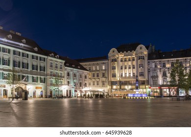 Bratislava, Slovakia. May 2017. The Hlavné Square By Night With The Maximillian Fountain.