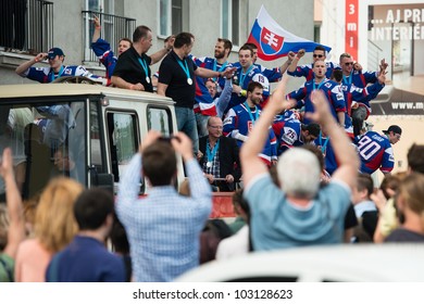 BRATISLAVA, SLOVAKIA - MAY 21: Fans And Supporters Of Slovak Ice Hockey Team Celebrate Their Silver Heroes During Bus Trip Through The City On May 21, 2012 In Bratislava, Slovakia