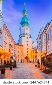 Bratislava, Slovakia. Michael's gate Tower, old town of Bratislava (Pressburg), morning twilight.