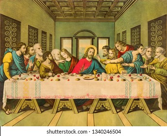 BRATISLAVA, SLOVAKIA, NOVEMBER - 11, 2017: Typical catholic image The Last Supper from end of 19. cent.