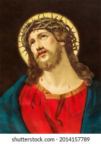 BRATISLAVA, SLOVAKIA, NOVEMBER - 11, 2017: Typical Catholic Image Of Jesus Christ With The Crown Of Thorns Originaly Designed By Unknown Artist From End Of 19. Cent.