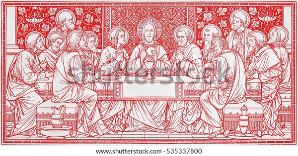 BRATISLAVA, SLOVAKIA, NOVEMBER - 21, 2016: The lithography of Last Supper in Missale Romanum by unknown artist with the initials F.M.S from end of 19. cent. and printed by Typis Friderici Pustet.