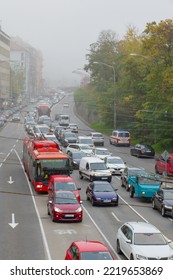 Bratislava, Slovakia - October 27, 2022: Traffic Jam On Pražská Street In Bratislava Before Holidays. Car Blocking Bus In Bus Lane. 