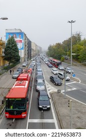 Bratislava, Slovakia - October 27, 2022: Traffic Jam On Pražská Street In Bratislava Before Holidays. Car In Bus Lane.