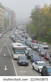 Bratislava, Slovakia - October 27, 2022: Traffic Jam On Pražská Street In Bratislava Before Holidays. Car Blocking Bus In Bus Lane. 