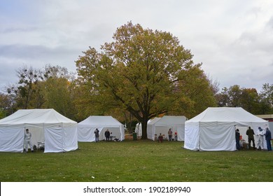 Bratislava,  Slovakia, October 31, 2020:  Mobile testing station tent, hot spot for swab test during nationwide testing for COVID-19 in Slovakia. Outdoor testing point.