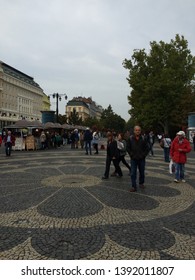 Bratislava / Slovakia - October 7, 2015: People Walk Along Hviezdoslavovo Namestie. Hviezdoslav Square Is Located In The Old Town.