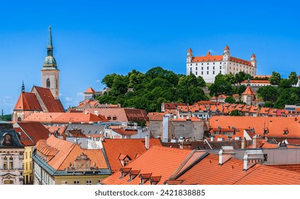 Bratislava, Slovakia: Panoramic rooftop view of Bratislava Castle, the cathedral and the old town