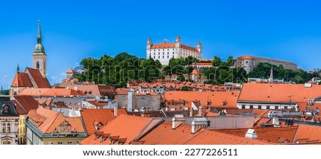 Bratislava, Slovakia: Panoramic rooftop view of Bratislava Castle, the cathedral and the old town