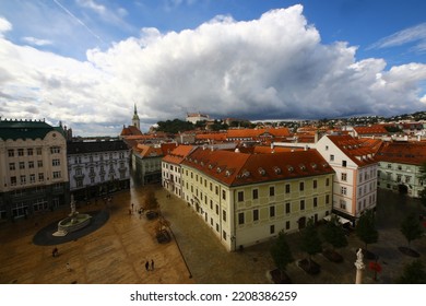 Bratislava, Slovakia - September 9, 2022: Aerial Summer View Of Central Part Of Slovakian Capital City With Hlavné Námestie (Main Square), Churches And Ancient Hrad (castle) In Background. 