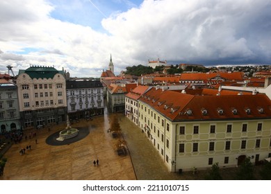 Bratislava, Slovakia - September 9, 2022: Aerial Summer View Of Central Part Of Slovakian Capital City With Hlavné Námestie (Main Square), Churches And Ancient Hrad (castle) In Background. 