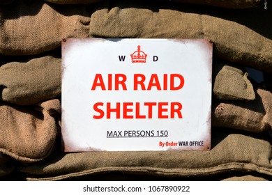 Bratton, Wiltshire, UK - April 22, 2017: A World War 2 Air Raid Shelter Sign on display at a vintage vehicle show
