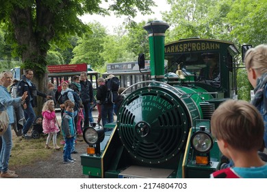 Braubach, Germany - June 20, 2015: Children And Their Guardians (a Mix Of Parents And Teachers) On An Educational School Trip Gather To Board The Marksburg Express After Visiting The Marksburg Castle.