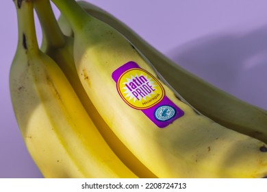 BRAUNSCHWEIG, GERMANY - SEPTEMBER, 2022: Latin Pride Bananas From Nicaragua Labeled With The Rainforest Alliance Certified Seal. 