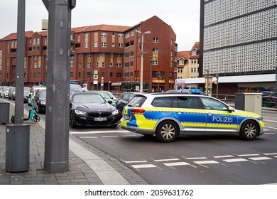 Braunschweig, Germany, September 29, 2021: Police Car Blocks The Road At A Traffic Light Downtown To Stop Car Traffic