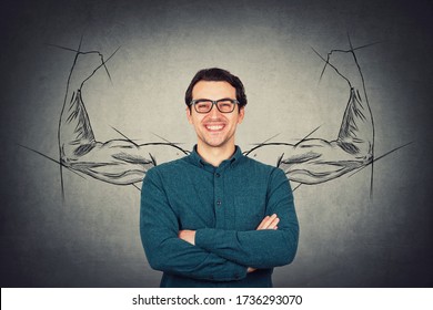 Brave And Confident Guy Keeps Arms Folded, Strong Personality, Has No Fears. Business Person Wears Eyeglasses, Powerful Hero Muscular Arms Behind His Back Shows The Inner Strength. Big Biceps Sketch.