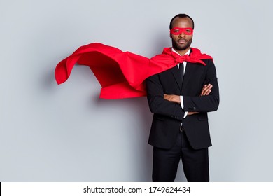 Brave courage afro american man day he agent collar night strong superman cross hands ready save world wear red costume blazer pants tuxedo tie isolated gray color background - Shutterstock ID 1749624434