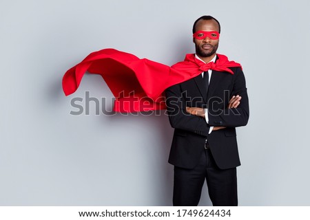 Brave courage afro american man day he agent collar night strong superman cross hands ready save world wear red costume blazer pants tuxedo tie isolated gray color background