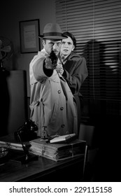 Brave Detective Pointing A Gun And Young Scared Woman Hiding Behind Him, 1950s Film Noir Style.