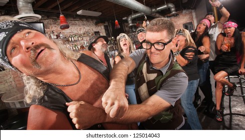 Brave Geek With Glasses Punches Biker Gang Man In Bar