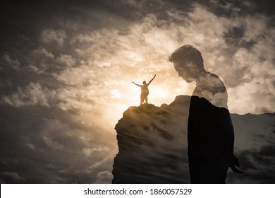 Brave man standing on a mountain overcoming his fears, self doubt, mental depression, sadness concept. double exposure - Shutterstock ID 1860057529