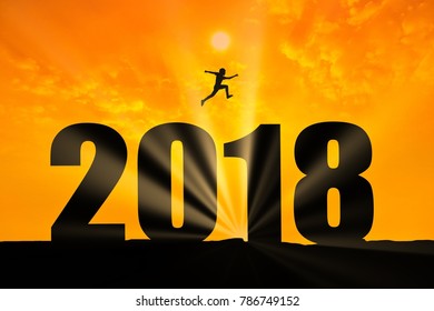 Silhouette Young Woman Jumping 2018 New -