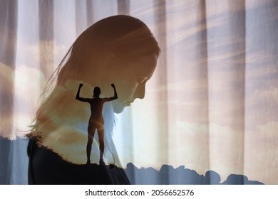 Brave strong woman standing on a mountain overcoming her mental fears. fighting self doubt, depression, sadness concept. double exposure - Shutterstock ID 2056652576
