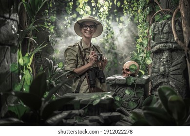 Brave woman exploring the jungle and taking pictures with her camera, she finds ancient ruins and a human skull - Powered by Shutterstock