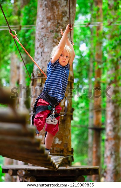Brave young child in safety harness climb high on\
tree tops, pass hanging bridge obstacle in adventure rope park.\
Outdoor activity,  active lifestyle in summer scout camp on family\
holidays with kids