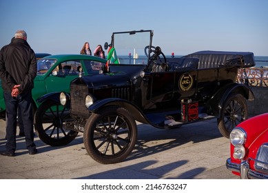 BRAY, CO. WICKLOW, IRELAND - MARCH 19, 2022: Black 1918 Ford Model T Parked On The Seafront During The Bray Vintage Car Club Show. An Open Air Retro Cars Display.