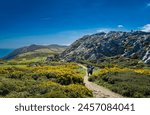 Bray, Ireland, 04,15,2024, Brey Head Cross: A Group of Hikers walking towards Graystones